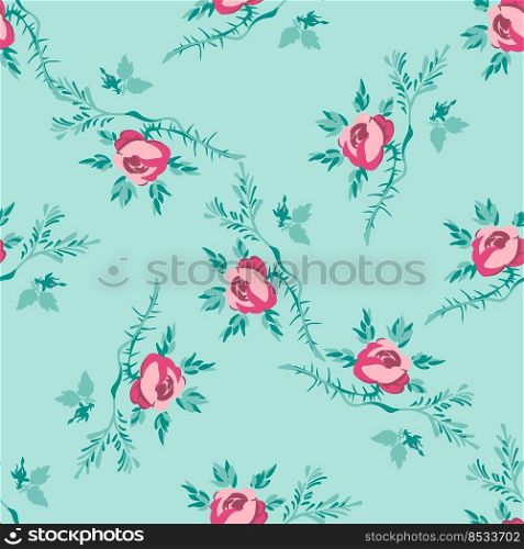 Bright blossom drawing botanical rose pattern, floral abstract wallpaper. Cute flowers seamless background. Vector illustration graphic design for fashion, print, banner.Trendy blue pink pastel colors