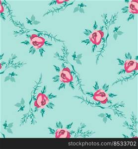 Bright blossom drawing botanical rose pattern, floral abstract wallpaper. Cute flowers seamless background. Vector illustration graphic design for fashion, print, banner.Trendy blue pink pastel colors