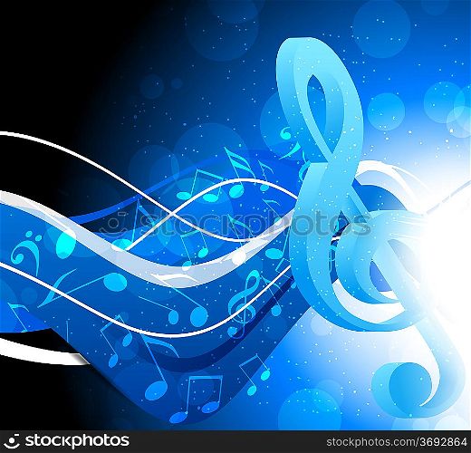 Bright blue background with g-clef and waves