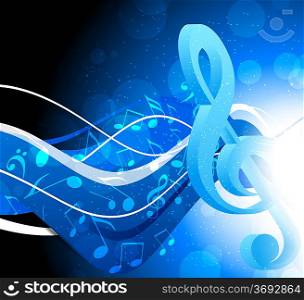 Bright blue background with g-clef and waves
