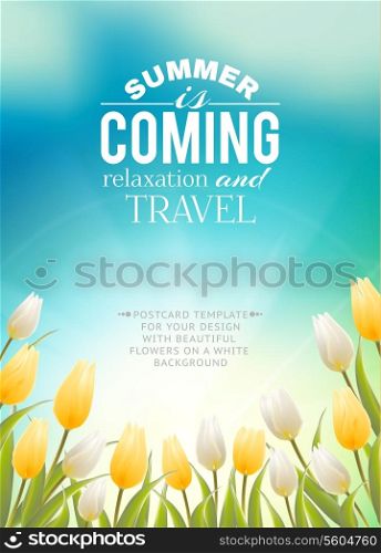 Bright blue sky field of tulips typography. Vector illustration.