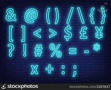 Bright blue text symbols neon sign. Glowing numbers and symbols on brick wall background. Vector illustration can be used for computer, telephone, messages, mobile. Bright blue text symbols neon sign