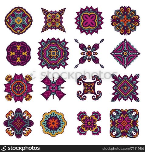 Bright bohemian ethnic cliche with paisley and decorative elements. Vector set of various ornaments, deco template. Mexican design. Colorful boho ethnic decorative elements. Vector set of various ornaments, deco template.