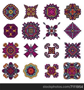 Bright bohemian ethnic cliche with paisley and decorative elements. Vector set of various ornaments, deco template. Mexican design. Colorful boho ethnic decorative elements. Vector set of various ornaments, deco template.