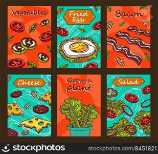 Bright brochure designs with tasty food. Colored sliced vegetables, bacon, fried egg and green salad. Delicious meal and nutrition concept. Template for promotional leaflet or flyer