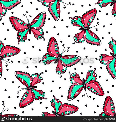 Bright butterflies seamless pattern. Hand drawn butterfly vector illustration for fabric. textile, wrapping, wallpaper, packaging and other beauty design. Bright butterflies seamless pattern. Hand drawn butterfly vector illustration for fabric. textile, wrapping, wallpaper, packaging and other beauty design.