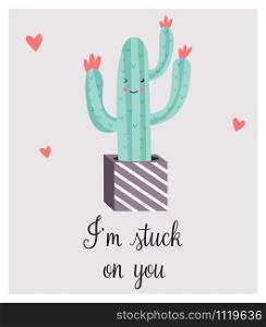 Bright card with cute smiling cactus and quote.. Bright card with cute smiling cactus and quote