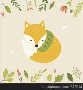 Bright card with floral elements cute fox in a scarf. Animal character design for prints, greeting cards, baby shower templates. Bright floral card with cute fox in a scarf