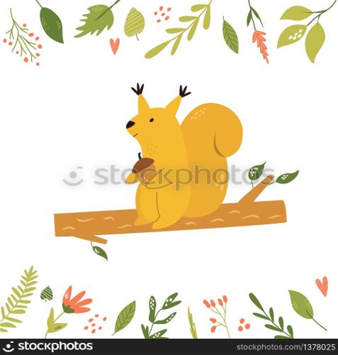 Bright card with floral elements cute squirrel sitting on a branch. Animal character design for prints, greeting cards, baby shower templates. Bright floral card with cute squirrel on a branch