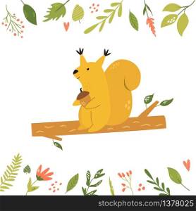 Bright card with floral elements cute squirrel sitting on a branch. Animal character design for prints, greeting cards, baby shower templates. Bright floral card with cute squirrel on a branch