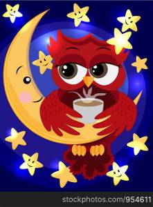 bright, cartoon, beautiful pink owl-girl with beautiful eyes keeps wings for a month among the stars. inscription Good night
