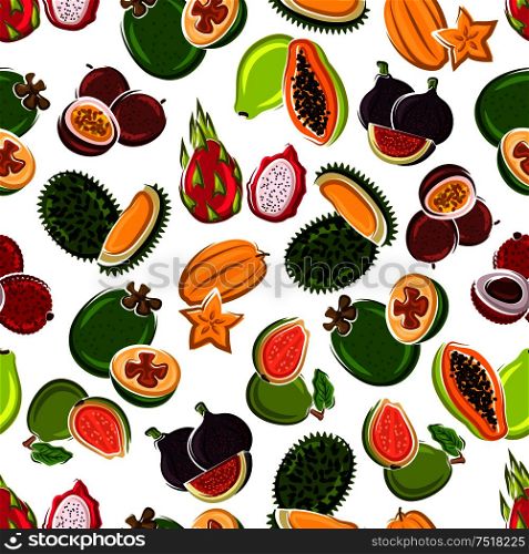 Bright cartoon exotic fruits background for kitchen interior or food packaging design usage with seamless pattern of carambola, lychee, passion fruits and feijoa, papaya, figs, dragon fruits, guavas and sweet durians fruits. Fresh tropical fruits seamless pattern