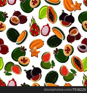 Bright cartoon exotic fruits background for kitchen interior or food packaging design usage with seamless pattern of carambola, lychee, passion fruits and feijoa, papaya, figs, dragon fruits, guavas and sweet durians fruits. Fresh tropical fruits seamless pattern