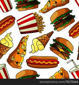 Bright cartoon fast food seamless pattern with vegetarian pizzas topped with mushrooms and cheese, hamburgers and cheeseburgers with fresh vegetables, hot dogs, french fries, paper cups of soda and vanilla ice cream cones on white background. Pizzas, burgers, hot dogs, drinks seamless pattern