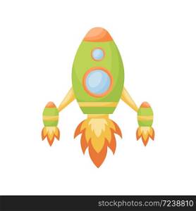 Bright cartoon green rocket with fire trace launched into space for design of album, scrapbook, card and invitation. Flat cartoon colorful vector illustration isolated on white background.
