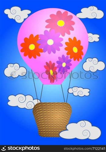 Bright, cartoon, high volume balloon with a basket in the sky among white clouds and a rainbow. Flying, happiness, freedom
