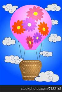 Bright, cartoon, high volume balloon with a basket in the sky among white clouds and a rainbow. Flying, happiness, freedom