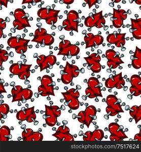 Bright cartoon seamless broken hearts pattern background for unhappy love theme or heart attack and health care concept design with red hearts punctured by nails. Seamless pattern of red hearts punctured by nails