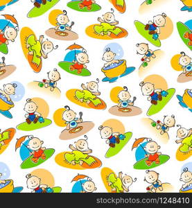 Bright cartoon seamless pattern with cute baby boys playing outdoors, beautiful girls taking bath and little child eating at the table colorful sketches over white background. Use as childhood concept or greeting card backdrop design