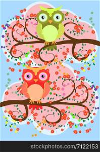 Bright, cartoonish, flirtatious, loving owls on the flowering branches of a tree. Spring, summer, girlfriends
