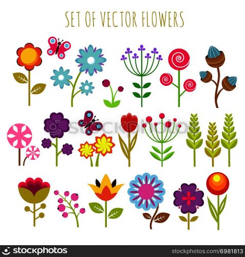 Bright child garden flowers and butterfly vector set. Colored flower for garden with butterfly illustration. Bright child garden flowers and butterfly vector set