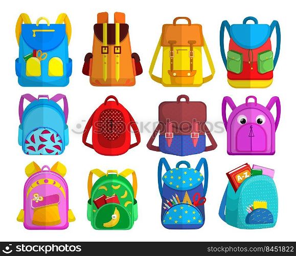 Bright childish backpacks collection. Colorful schoolbags for primary school kids with books and supplies in open pockets, bags and rucksacks. Flat vector illustration set isolated on white background