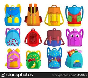 Bright childish backpacks collection. Colorful schoolbags for primary school kids with books and supplies in open pockets, bags and rucksacks. Flat vector illustration set isolated on white background