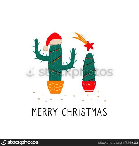 Bright Christmas illustration with cactus isolated on white background. Bright Christmas illustration with holiday cactus and greeting text