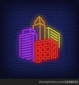 Bright city buildings neon sign. Architecture, downtown design. Night bright neon sign, colorful billboard, light banner. Vector illustration in neon style.