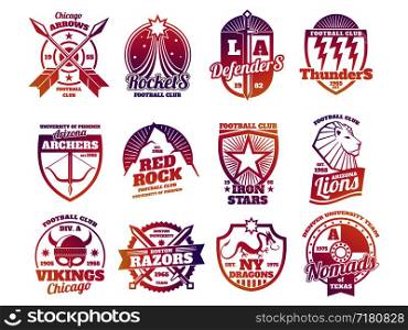 Bright color school emblems, college athletic teams sports labels isolated on white background. Vector illustration. School emblems, college athletic teams sports labels