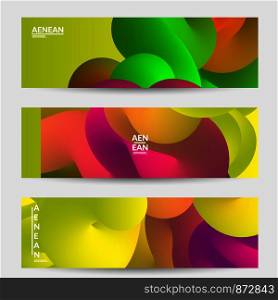 Bright colored sale advertisement templates with liquid shape. Fluid gradient color banners set. Creative 3D blend shapes dynamic composition. Layered isolated vector background.