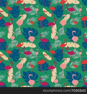 Bright colored tropical summer seamless pattern with flamingo and plants. Vector illustration. Bright tropical summer seamless pattern with flamingo and plants