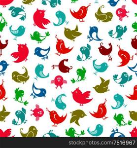 Bright colorful birds seamless pattern with silhouettes of funny birdies over white background. Nice for childish wallpaper, nature theme or scrapbook page backdrop design usage. Seamless colorful funny birds pattern