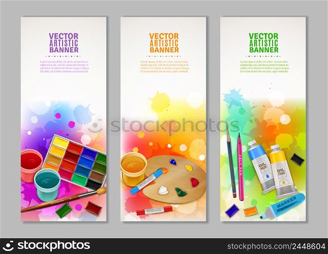 Bright colorful collection of vertical artistic banners with watercolor gouache and pastel paints brush marker and pencil vector illustration. Vertical Artistic Banners Collection