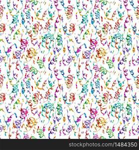 Bright colorful confetti and serpentine isolated on white background, anniversary party seamless pattern. Bright colorful confetti and serpentine isolated on white background, party seamless pattern