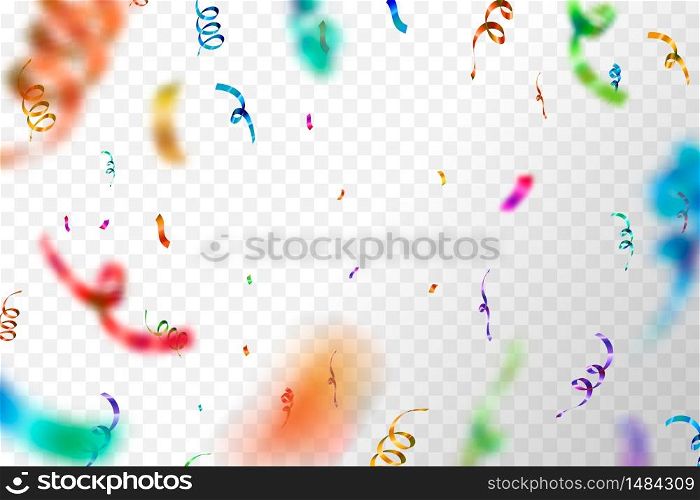 Bright colorful confetti on transparent background, anniversary party background. Colorful confetti on transparent background, anniversary party background