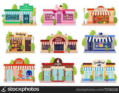 Bright colorful facades of six stores and cafes isolated on white background flat vector illustration. Store Facades Set
