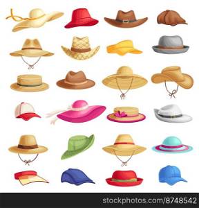 Bright colorful headgear for sunny weather. Female and male hats for vacation. Different stylish accessories for summer period. Sport, casual and elegant headgear isolated vector set. Bright colorful headgear for sunny weather. Female and male hats for vacation. Different stylish accessories