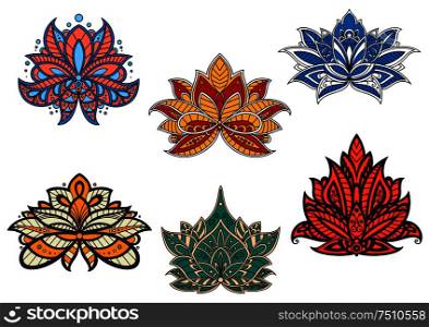 Bright colorful indian stylized paisley flowers, adorned by ethnic ornaments with flourishes, wavy lines and tendrils, for fabric or carpet pattern design. Indian and persian ethnic paisley flowers