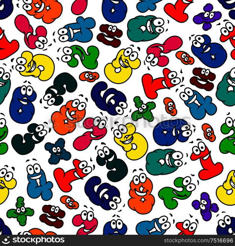 Bright colorful kids numbers seamless pattern of cartoon bubble digits characters with happy faces over white background. Great for education theme or childish room interior design . Cartoon bubble numbers seamless pattern