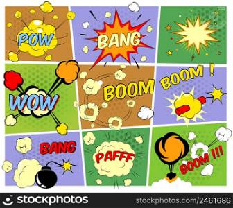 Bright colorful mock-ups of comic book speech bubbles depicting a variety of sounds explosions bang pfaff pow wow boom with motion puffs and star bursts and a burning bomb and dynamite