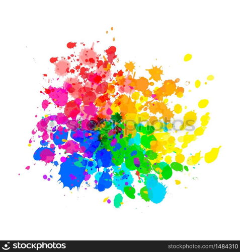 Bright colorful paint splashes of watercolor drops in rainbow colours isolated on white. Bright colorful paint splashes of watercolor drops in rainbow colours on white