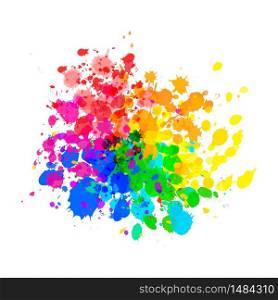 Bright colorful paint splashes of watercolor drops in rainbow colours isolated on white. Bright colorful paint splashes of watercolor drops in rainbow colours on white