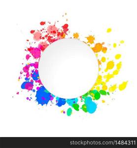Bright colorful paint splashes of watercolor drops in rainbow colours with round text place isolated on white. Bright colorful paint splashes of watercolor drops in rainbow colours with round text place on white
