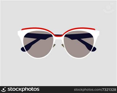 Bright colorful poster with glamour sunglasses, vector illustration isolated on white background, curved case with red line, lilac glass and arches. Bright Colorful Poster with Glamour Sunglasses