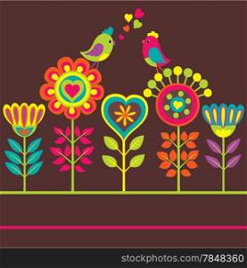 Bright colourful funny vector composition with flowers and birds