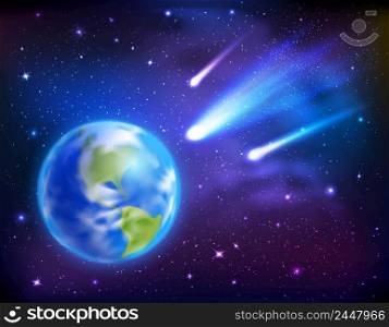 Bright comets coming to earth on dark starry sky background cartoon vector illustration. Comets Coming To Earth Background