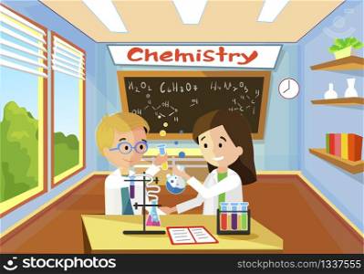 Bright Comfortable Classroom Lesson Chemistry Conduct Experiment Vector Flat Illustration. Boy with Glasses Mixes Different Liquids and Little Girl Helps Carry Out Experience doing Homework.