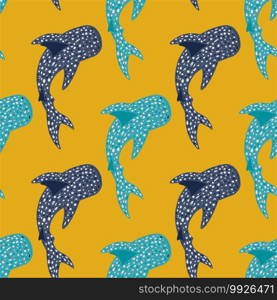Bright contrast seamless animal pattern with blue and navy whale shark shapes. Yellow background. Perfect for fabric design, textile print, wrapping, cover. Vector illustration.. Bright contrast seamless animal pattern with blue and navy whale shark shapes. Yellow background.