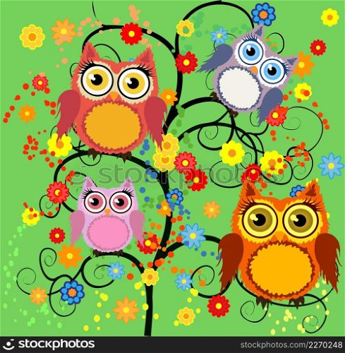 Bright cute cartoon owls sit on the flowering branches of fantastic tree.. Bright cute cartoon owls sit on the flowering branches of fantastic trees
